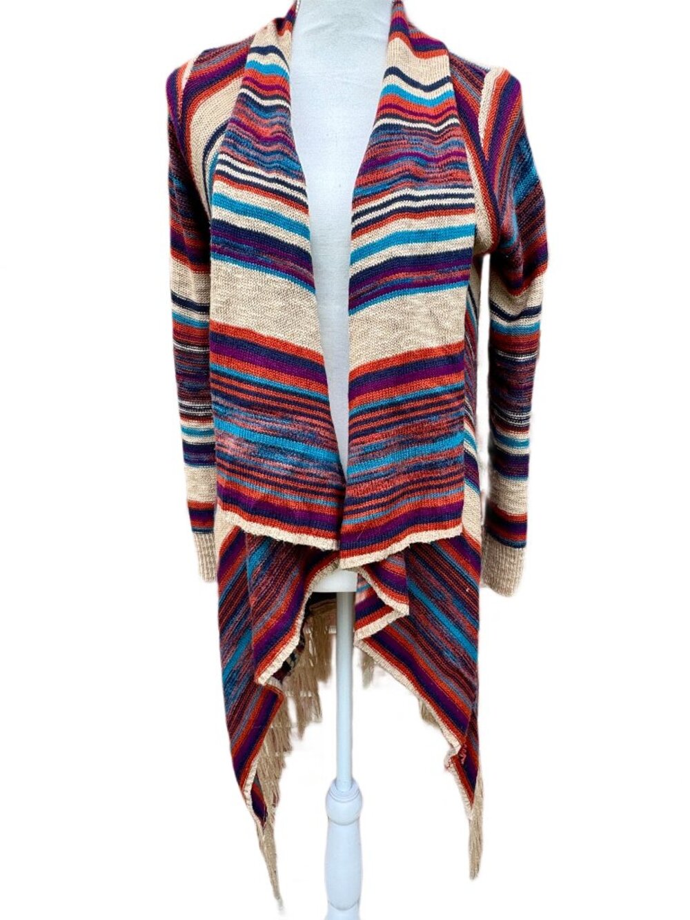 New Directions Cardigan Sweater Small Multicolor Stripe Waterfall Fringe Earthy